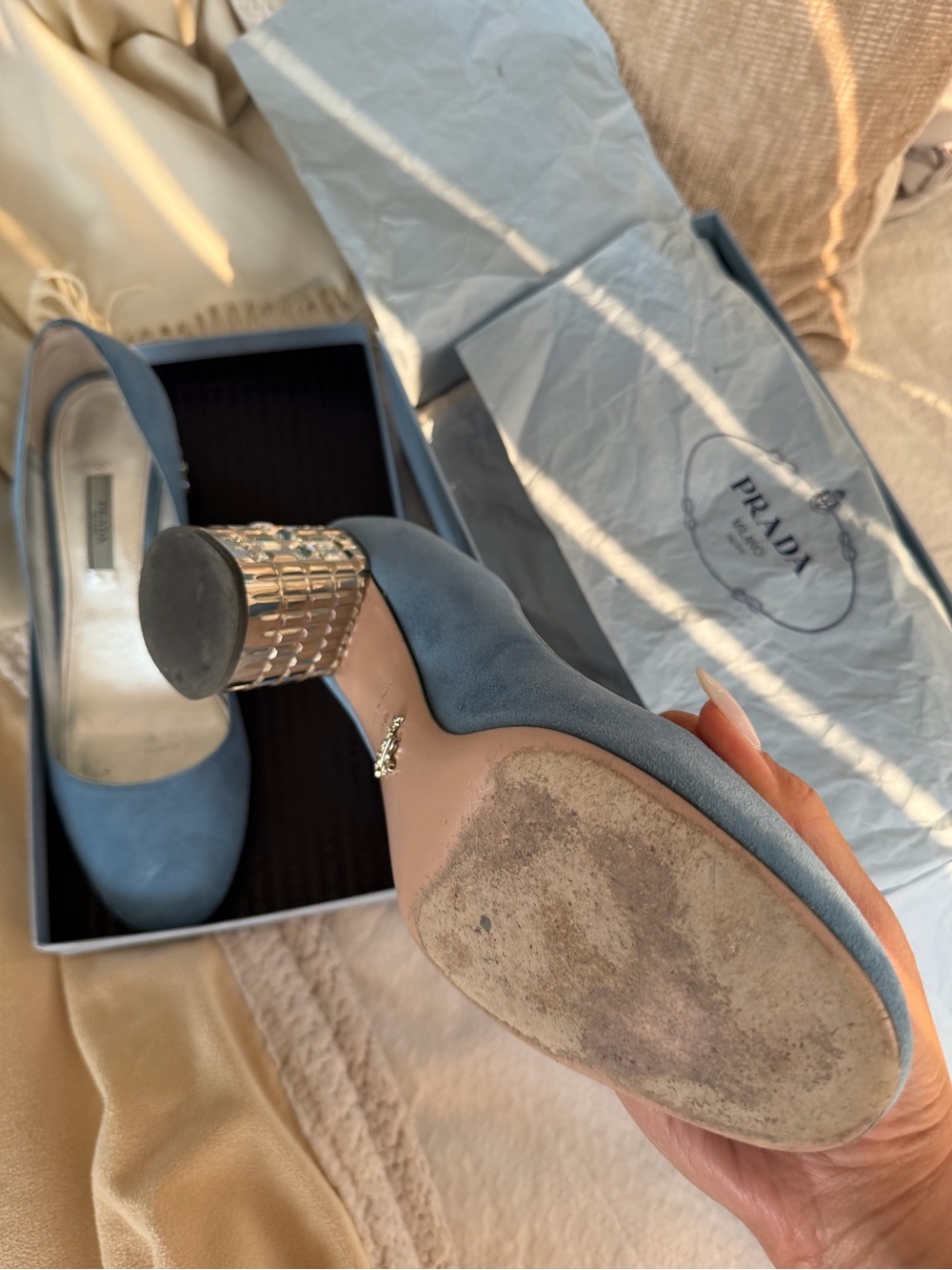 Prada Light Blue Suede Gold Sculpted Block Heel Pumps